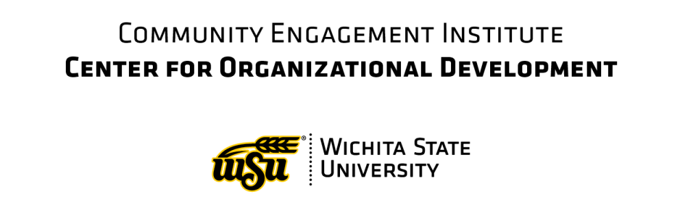 "Community Engagement Institute Center for Organizational Development" text over stylized WSU black and yellow logo with wheat symbol next to "Wichita State University"