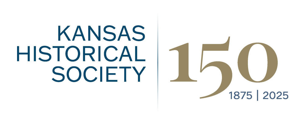 Logo for the Kansas Historical Society with that text on the left in three lines, a vertical line in the center, and 150 in gold with a smaller 1875-2025 to the right.