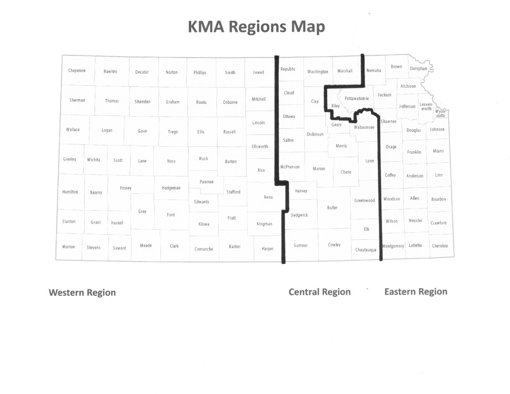 Image of the state of Kansas with county outlines and names and dividing lines for Western, Central, and Eastern regions.
