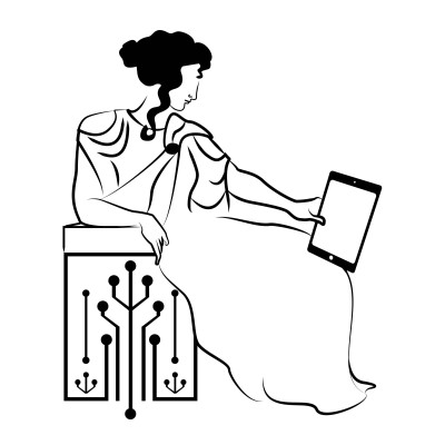 Clio's Scroll Logo, with a woman from antiquity reclining on a bench representing data while holding a computer tablet.