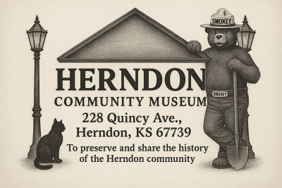 The Herndon Community Museum logo, with a triangular roof above the text "Herndon Community Museum" with address and mission "To preserve and share the history of the Herndon Community" and an illustration of a cat on the left and Smoky the Bear on the right.