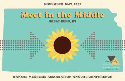 Kansas Museums Association 2025 Conference Logo - aqua image of the state of Kansas with a sunflower in the middle and two arrows on either side pointing to it with the text, "November 19-21, 2025 Meet in the Middle Great Bend, KS."