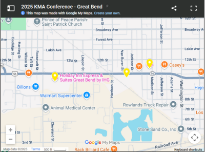 Google map image of Great Bend with three yellow location pins indicating KMA conference locations.