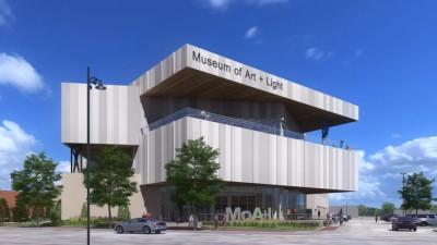 Rendering of the modern gray two-story Museum of Art + Light with a blue sky overhead.