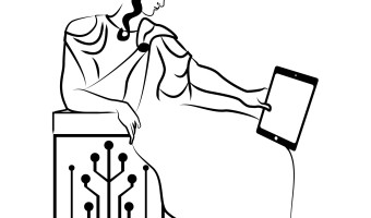 Clio's Scroll Logo, with a woman from antiquity reclining on a bench representing data while holding a computer tablet.