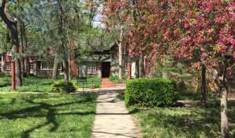 Sidewalk leading to a gray and wood shake house with a red barn attached on the left which comprises the Raymer Society for the Arts and the Red Barn Studio Museum and a pink flowering tree on the right.