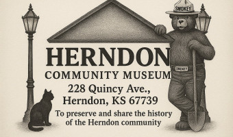 The Herndon Community Museum logo, with a triangular roof above the text "Herndon Community Museum" with address and mission "To preserve and share the history of the Herndon Community" and an illustration of a cat on the left and Smoky the Bear on the right.