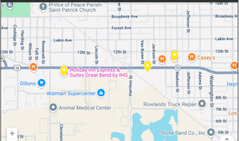 Google map image of Great Bend with three yellow location pins indicating KMA conference locations.