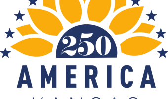 Image of the top half of a stylized yellow sunflower with blue stars forming an arch above it and "250" in the middle above "America Kansas" and "1776 * Per Aspera * 2026" 