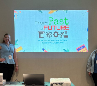 Image of Kaleigh Huxley, left, and Stephanie Affield, right separated by a projected image reading "From Past to Future" with symbols below and subtitled "How to incorporate STEM in history museums"