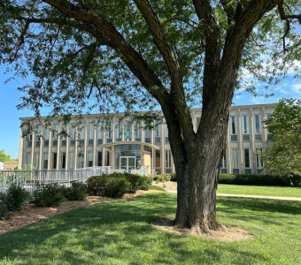 Image of the two story stone and glass Sophia Spirituality Center with a large tree in the foreground.