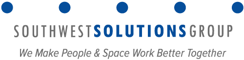 Image of Southwest Solutions Group logo with text in gray and blue in the middle, blue spheres above, and "We make people and space work better together" in gray italics below.