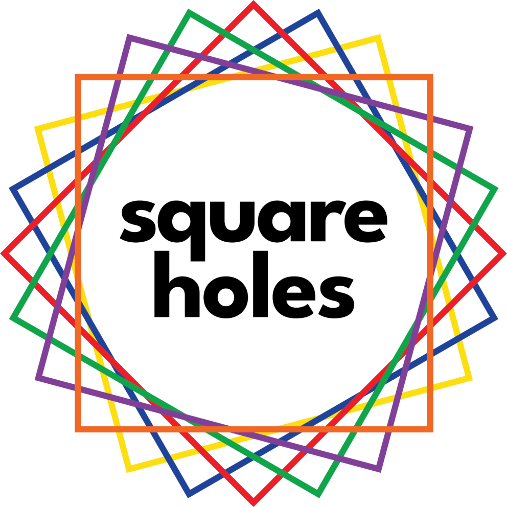 Square Holes logo with text in black surrounded by a rainbow of offset squares that create a kaleidoscope effect.