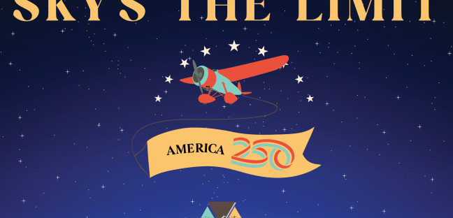 Image of an ombre sky from dark blue at the bottom to black at the top dotted with stars and a red and turquoise single propeller plane with "Sky's The Limit" and "America 250" along with "November 4-6, 2026" the KMA logo and "Atchison, KS"