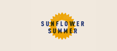 A stylized golden sunflower with the words "Sunflower Summer" in navy over the top.
