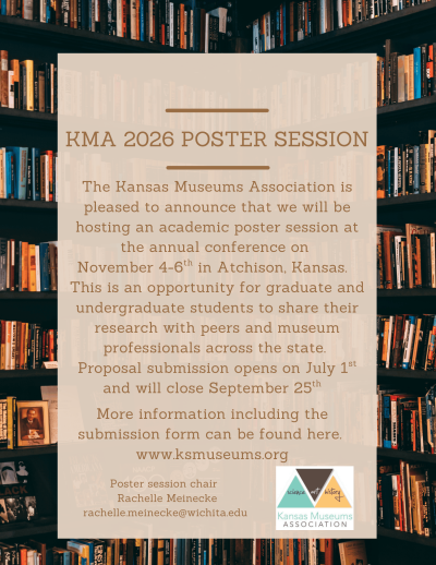Over a background of books on shelves, the text explains the KMA 2026 Poster Session and the KMA logo is in the bottom right.