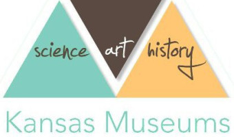 Kansas Museums Association logo with a teal triangle with the word science inside, an inverted brown triangle with the word art inside, and a sunflower yellow triangle with the word history inside.  A stylized white M runs between the triangles, and the words Kansas Museums Association appear below.