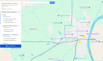Screenshot of a Google Map with yellow pins for 2026 KMA conference locations in Atchison, Kansas.